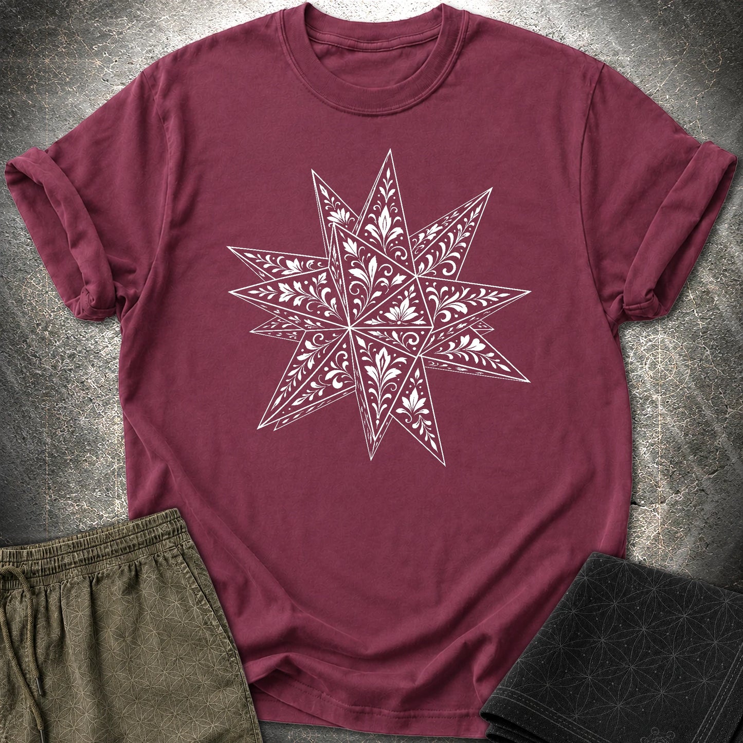 White Floral Stellated Dodecahedron T-Shirt - White Floral Stellated Dodecahedron T-Shirt - Maroon