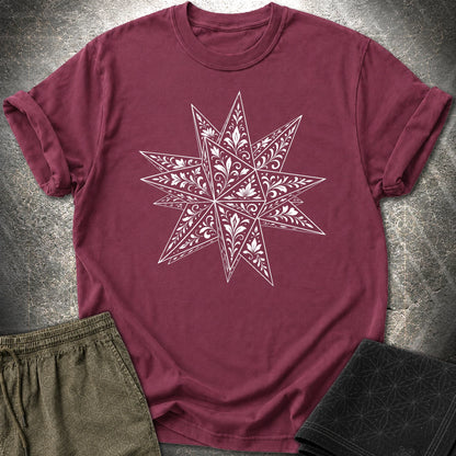 White Floral Stellated Dodecahedron T-Shirt - White Floral Stellated Dodecahedron T-Shirt - Maroon