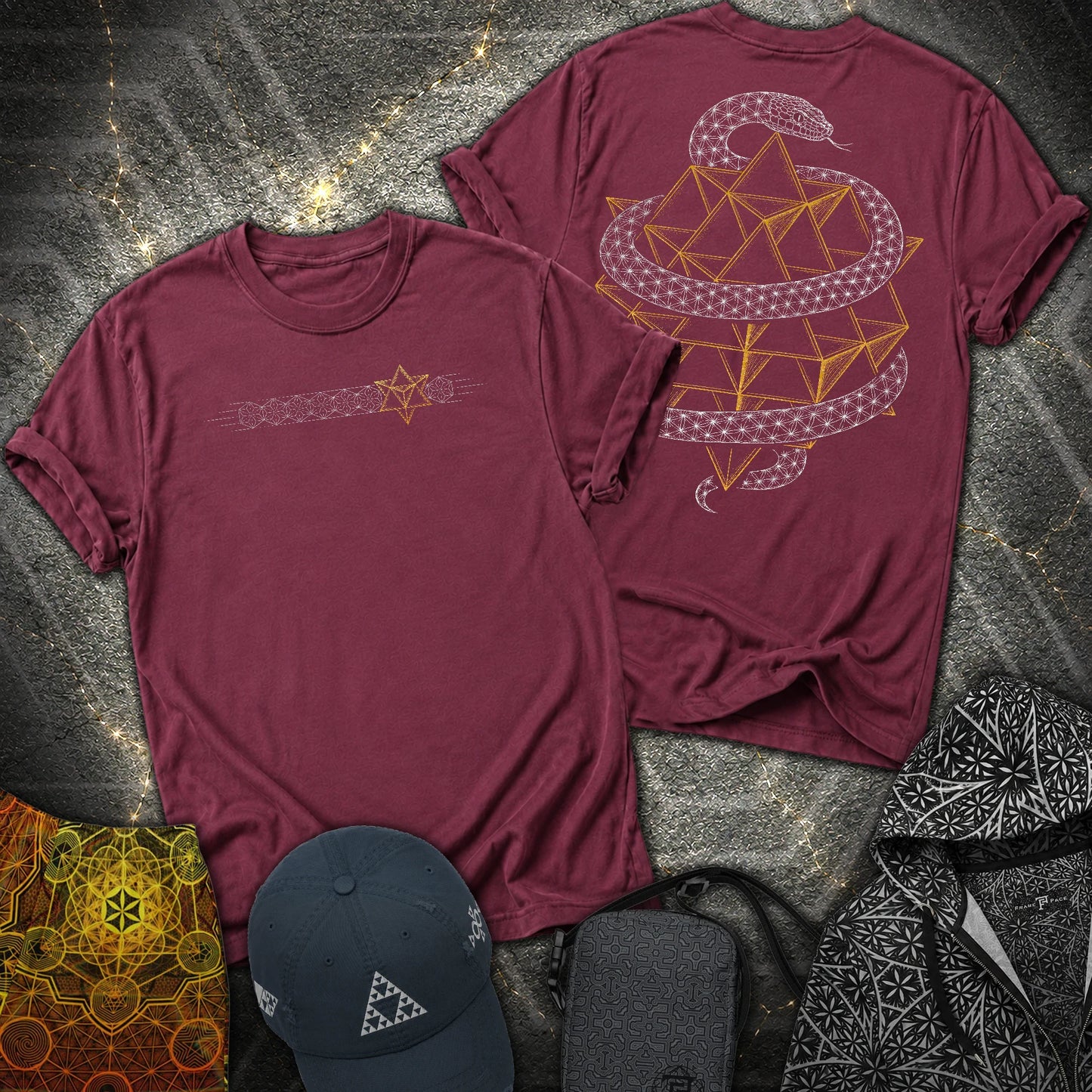 Serpent Tetrahedron Merkaba Geometry 2 Sided T-Shirt - Serpent Tetrahedron Merkaba Geometry 2 Sided T-Shirt - Maroon