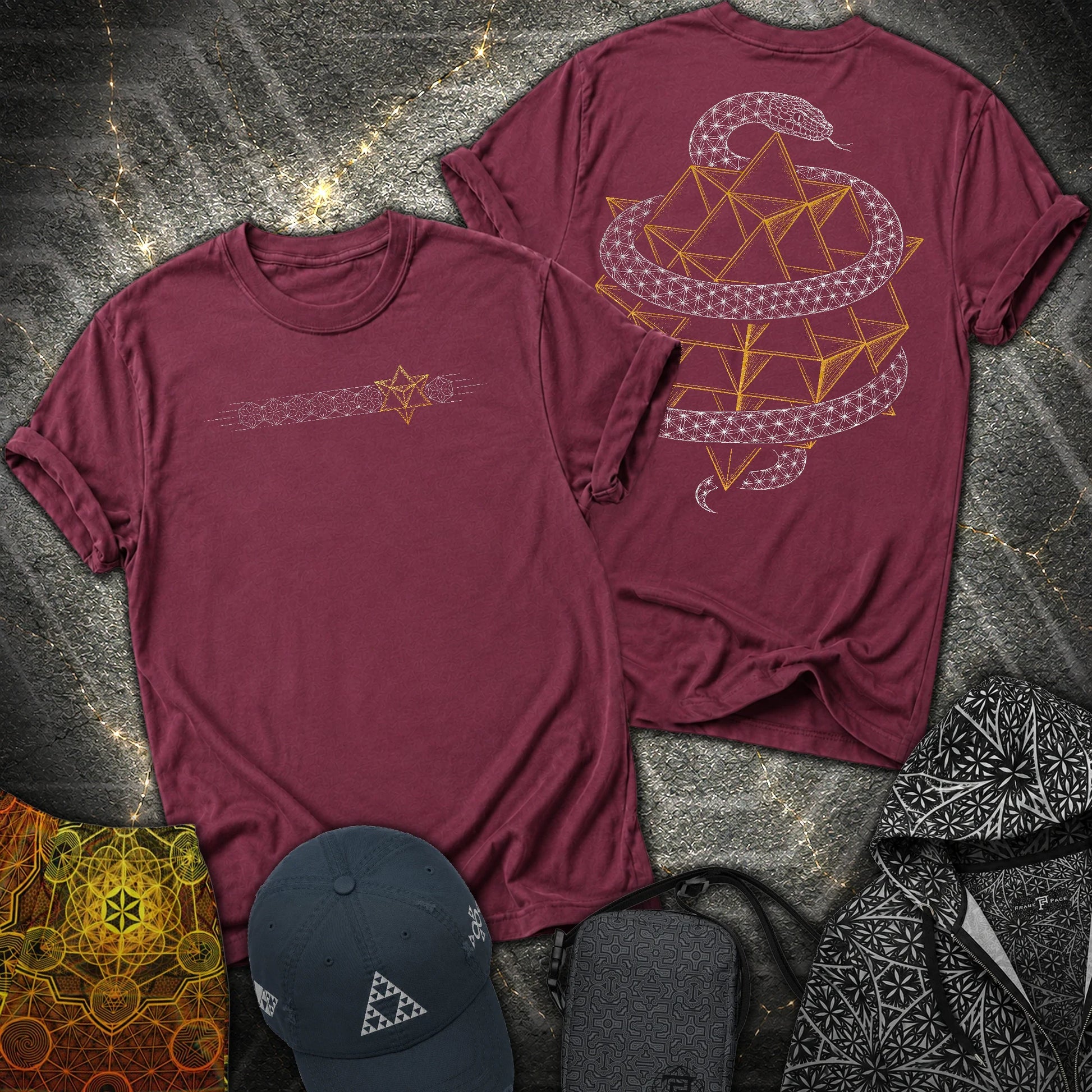 Serpent Tetrahedron Merkaba Geometry 2 Sided T-Shirt - Serpent Tetrahedron Merkaba Geometry 2 Sided T-Shirt - Maroon