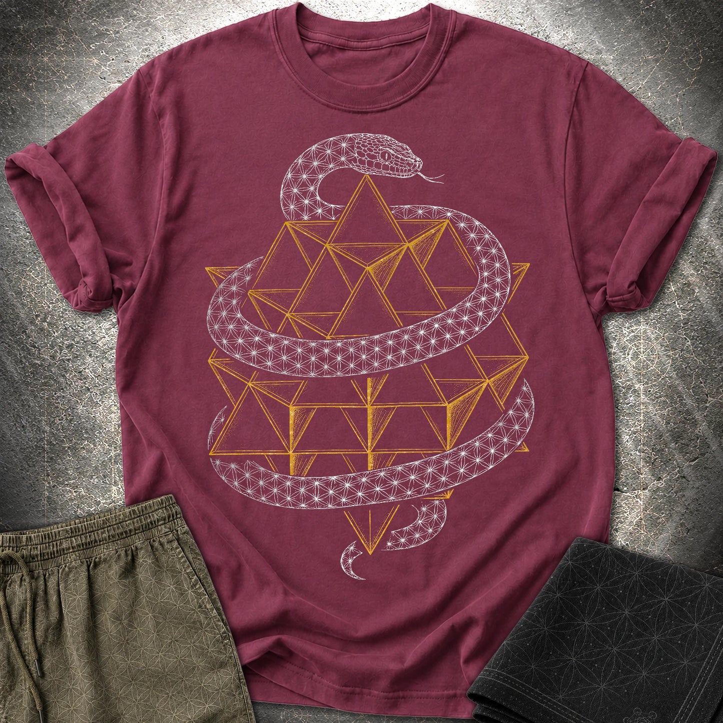 Serpent Tetrahedron Merkaba Geometry - Serpent Tetrahedron Merkaba Geometry T-Shirt - Maroon