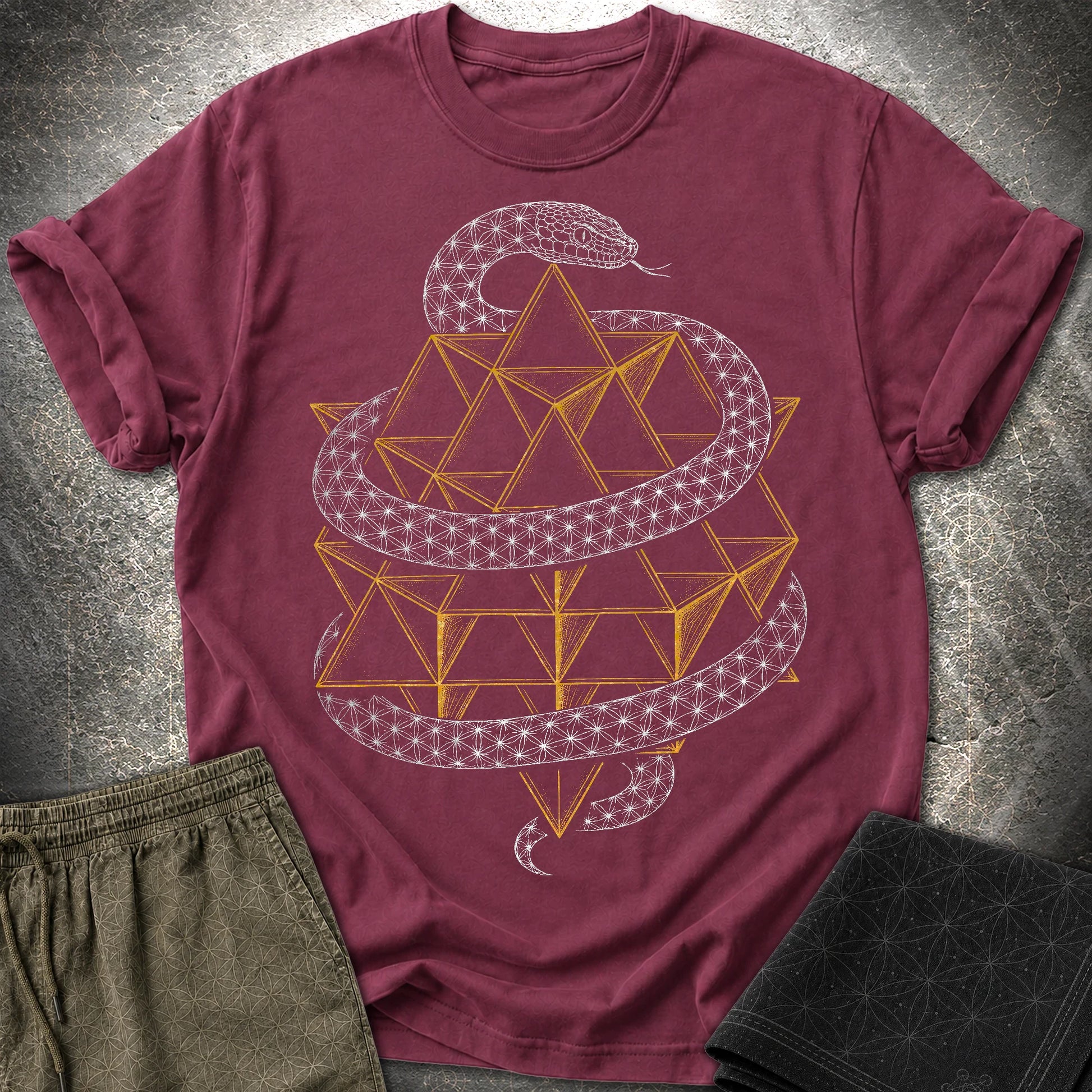 Serpent Tetrahedron Merkaba Geometry - Serpent Tetrahedron Merkaba Geometry T-Shirt - Maroon