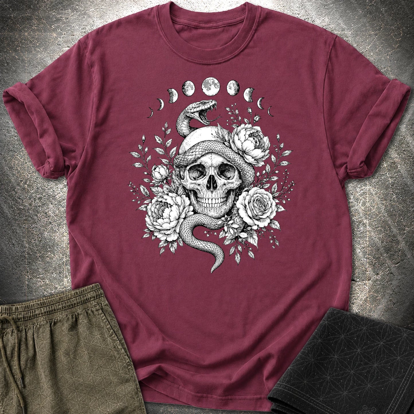 Skull Snake Moon Phases - Skull Snake Moon Phases T-Shirt - Maroon