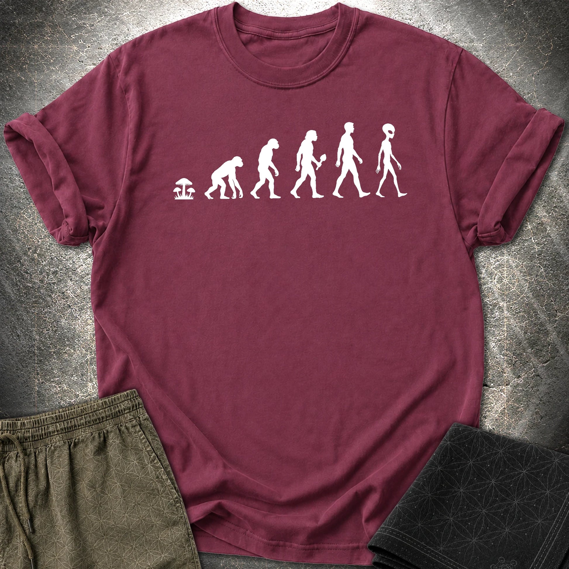 Mushroom Evolution Transformation T-Shirt - Mushroom Evolution Transformation T-Shirt - Maroon