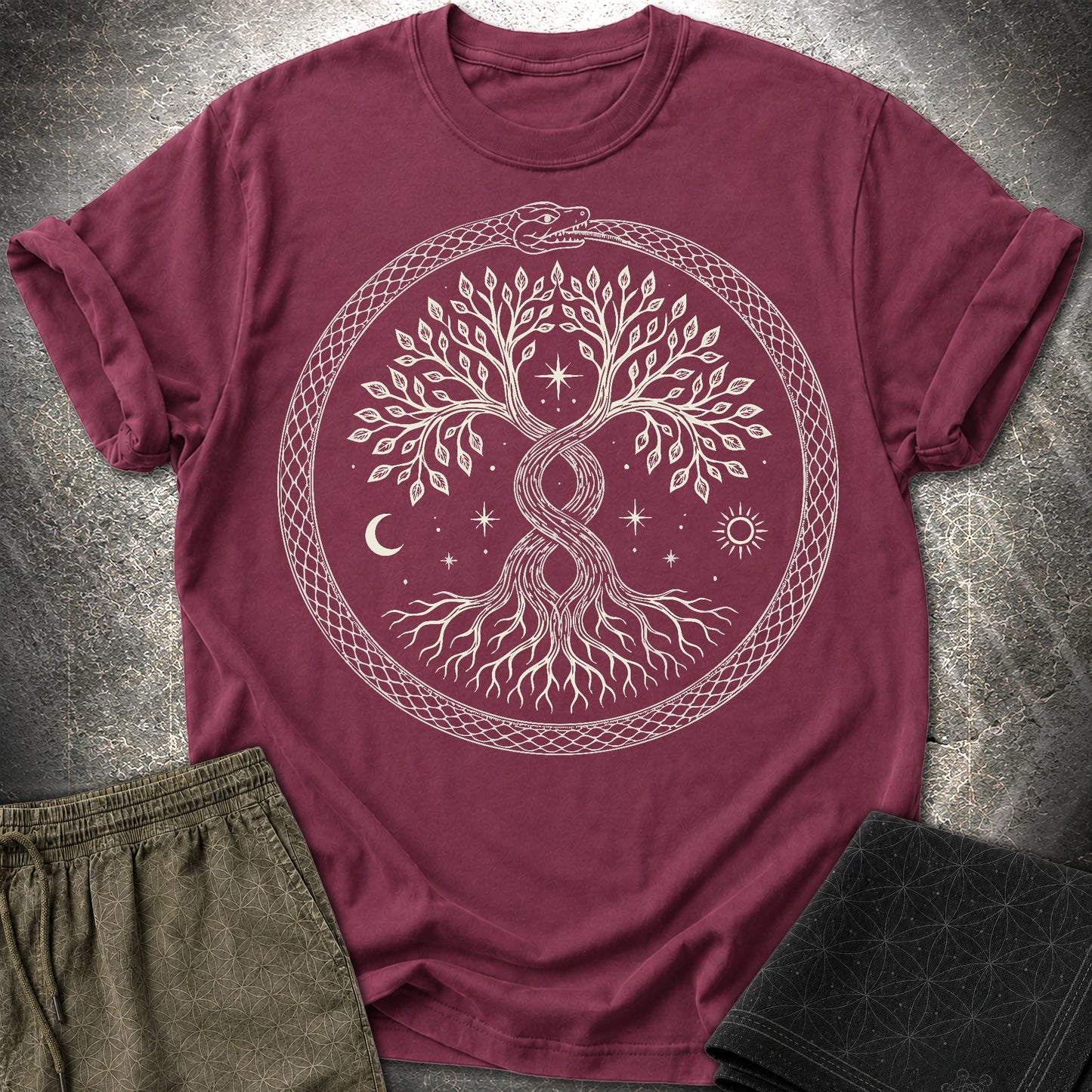 888 Ouroboros Tree T-Shirt - 888 Ouroboros Tree T-Shirt - Maroon