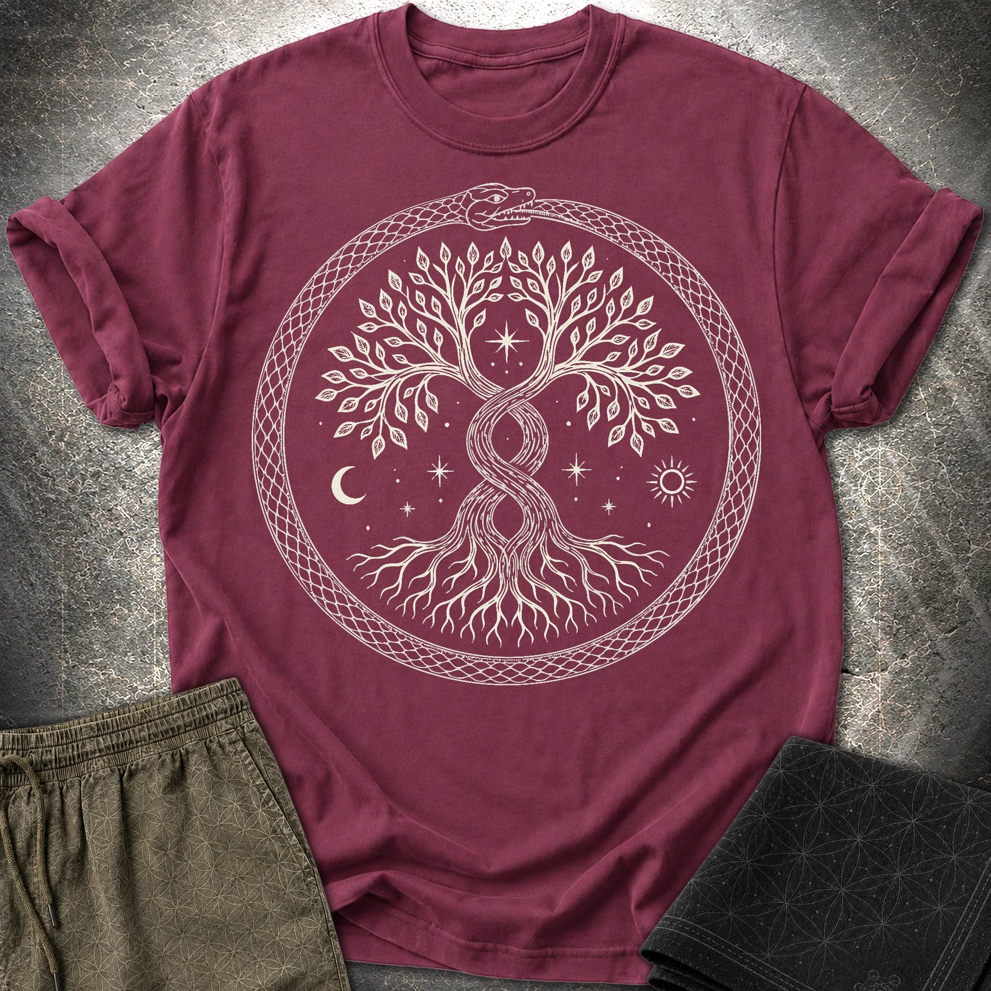 888 Ouroboros Tree T-Shirt - 888 Ouroboros Tree T-Shirt - Maroon