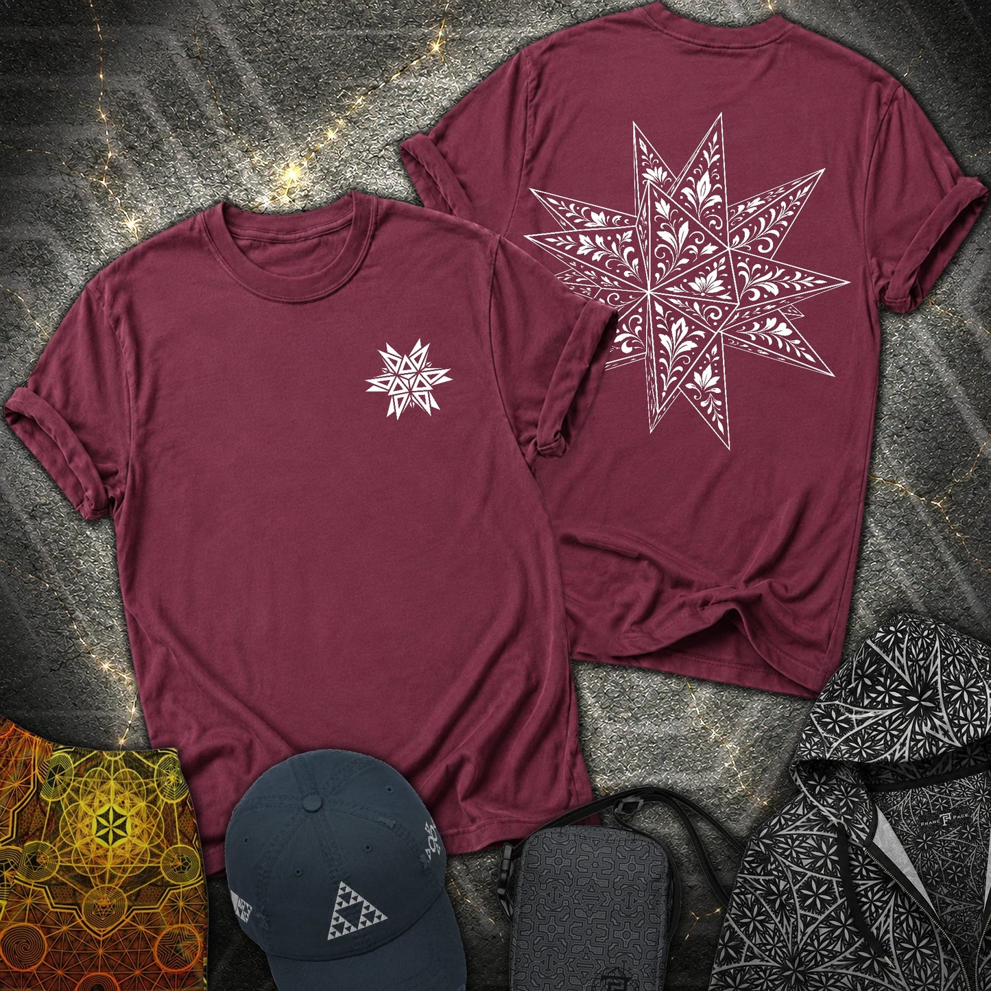 White Floral Stellated Dodecahedron 2 Sided T-Shirt - White Floral Stellated Dodecahedron 2 Sided T-Shirt - Maroon