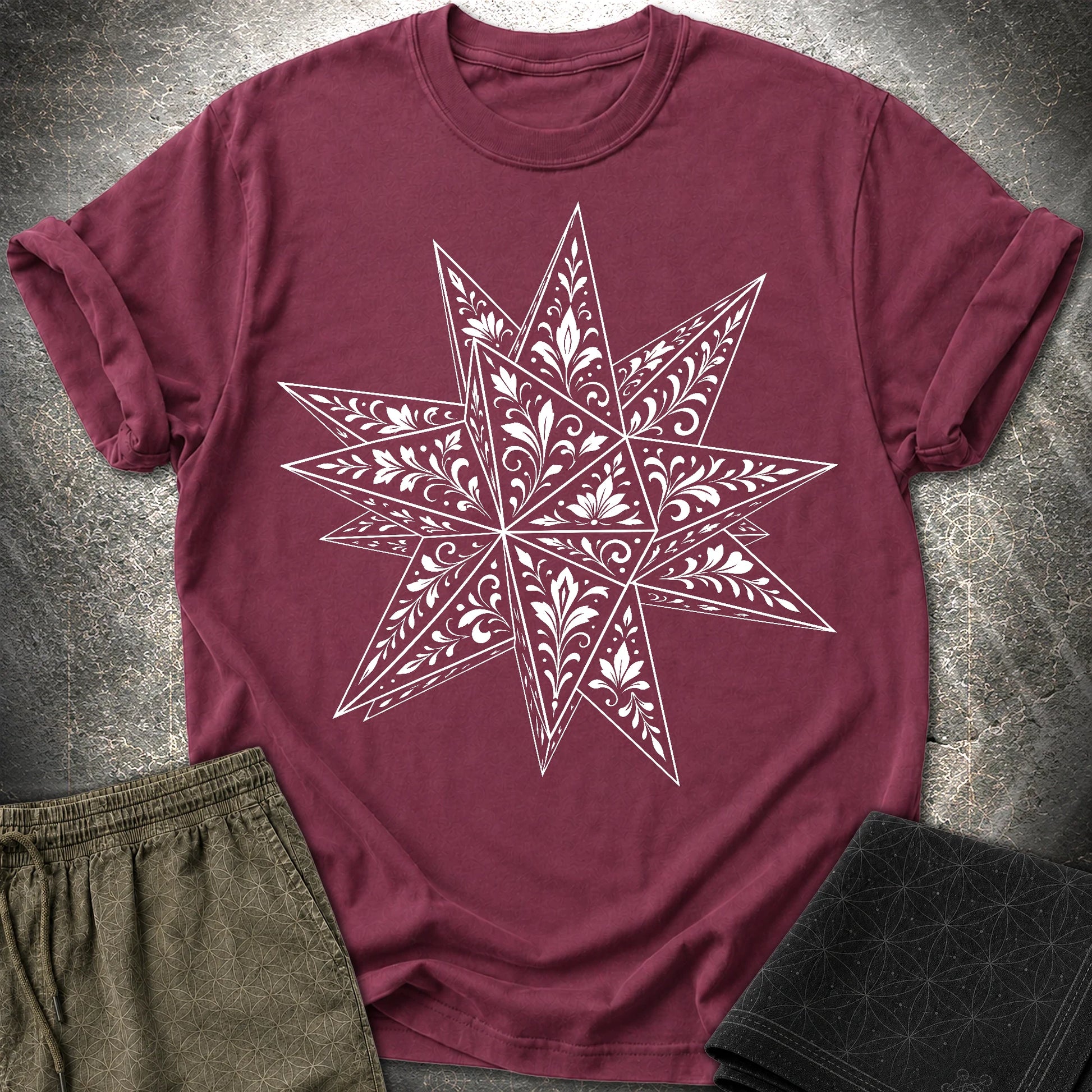White Floral Stellated Dodecahedron - White Floral Stellated Dodecahedron T-Shirt - Maroon