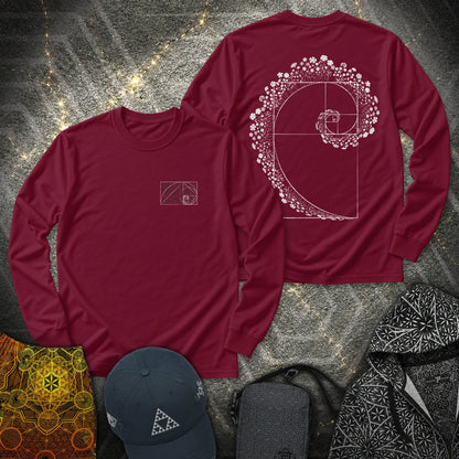 Floral Golden Ratio Spiral 2 Sided - Floral Golden Ratio Spiral 2 Sided Long Sleeve Shirt - Maroon