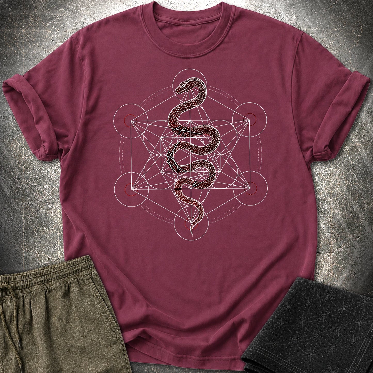 Serpent Sacred Geometry Shirt, Red Snake Metatron Cube Tee, Mystic Occult Geometric Spiritual T-Shirt - Serpent Sacred Geometry Shirt, Red Snake Metatron Cube Tee, Mystic Occult Geometric Spiritual T-Shirt - Maroon