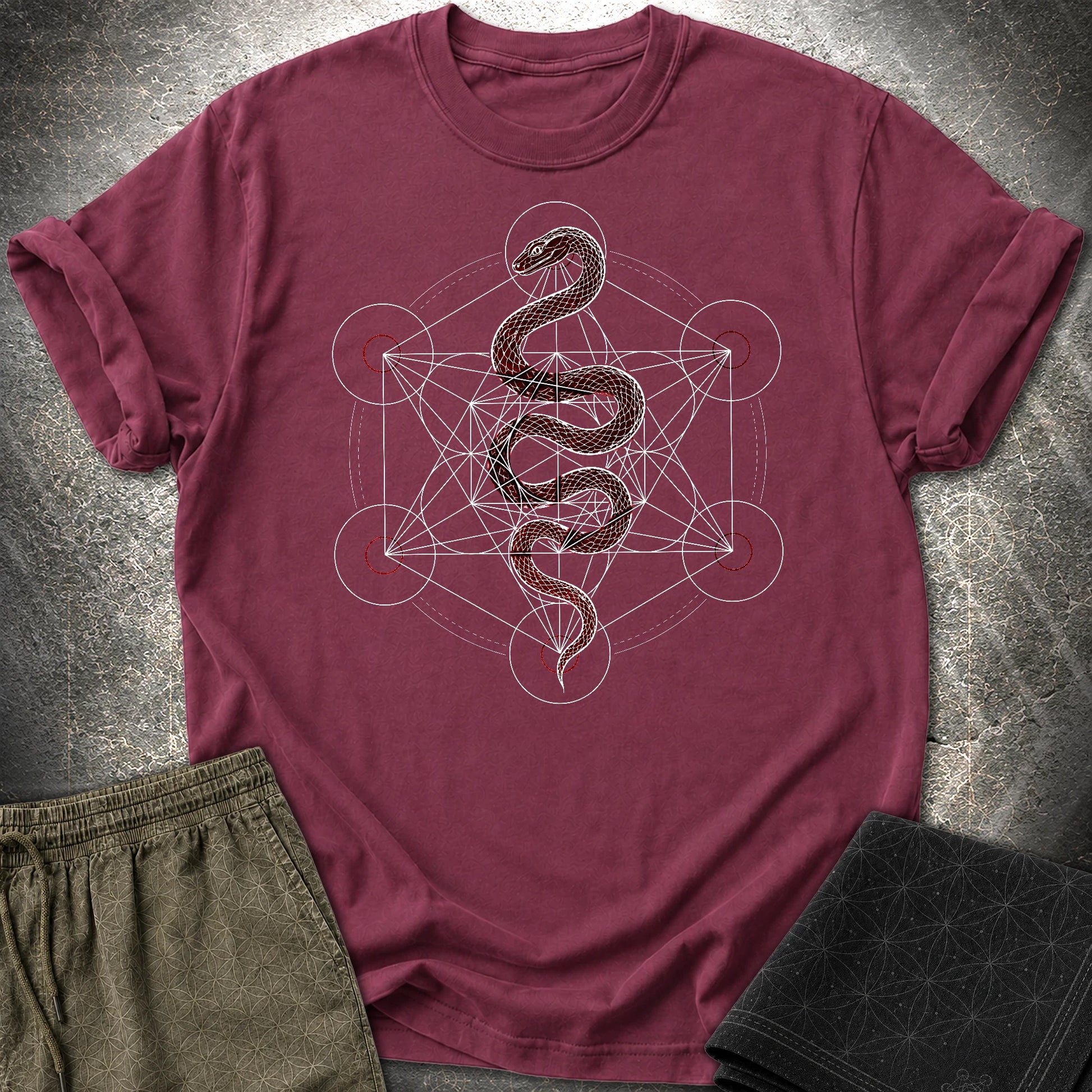 Serpent Sacred Geometry Shirt, Red Snake Metatron Cube Tee, Mystic Occult Geometric Spiritual T-Shirt - Serpent Sacred Geometry Shirt, Red Snake Metatron Cube Tee, Mystic Occult Geometric Spiritual T-Shirt - Maroon