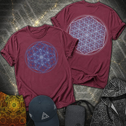 Sacred Flower Grids 2 Sided T-Shirt - Sacred Flower Grids 2 Sided T-Shirt - Maroon