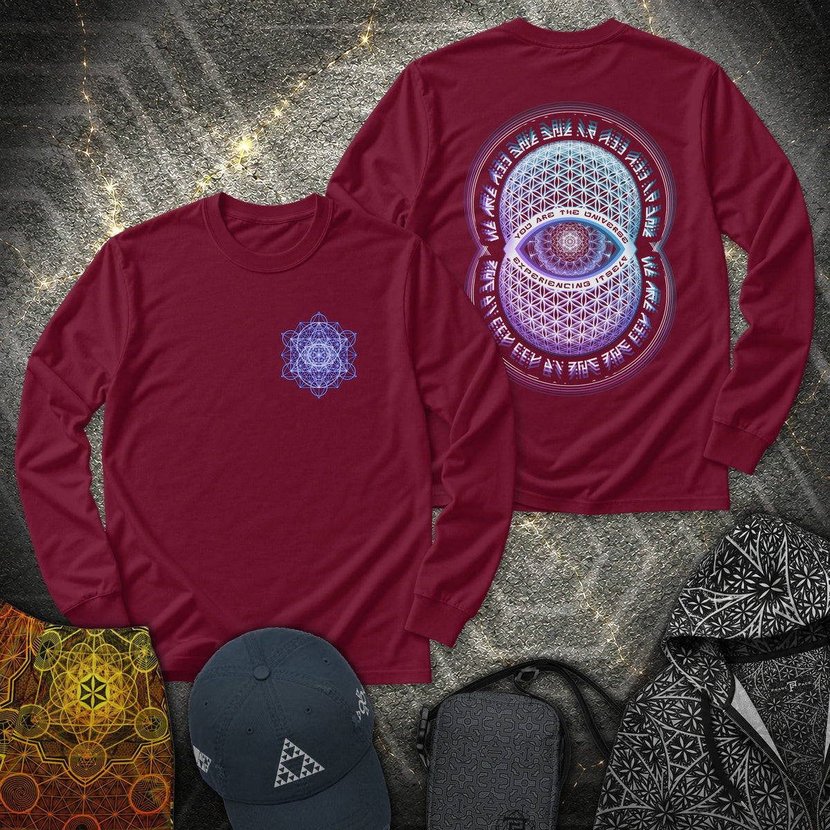 Alan Watts Universe 2 Sided - Alan Watts Universe 2 Sided Long Sleeve Shirt - Maroon