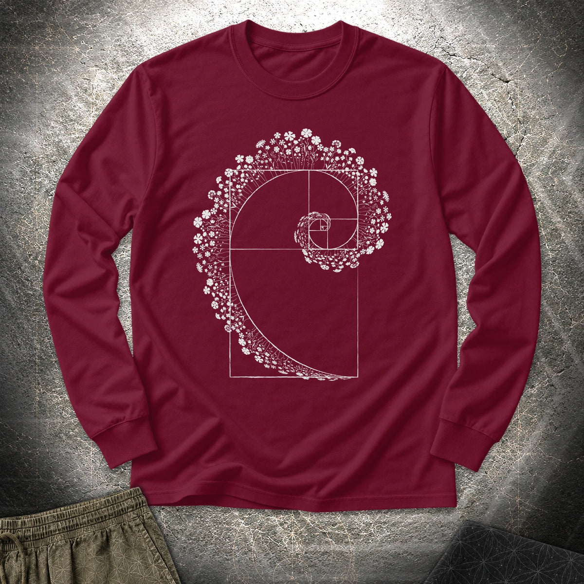 Floral Golden Ratio Spiral - Floral Golden Ratio Spiral Long Sleeve Shirt - Maroon
