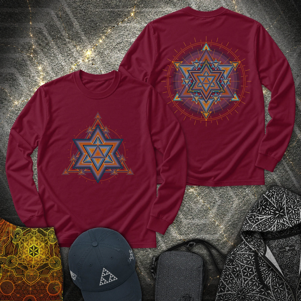 Merkaba Light Matrix 2 Sided - Merkaba Light Matrix 2 Sided Long Sleeve Shirt - Maroon