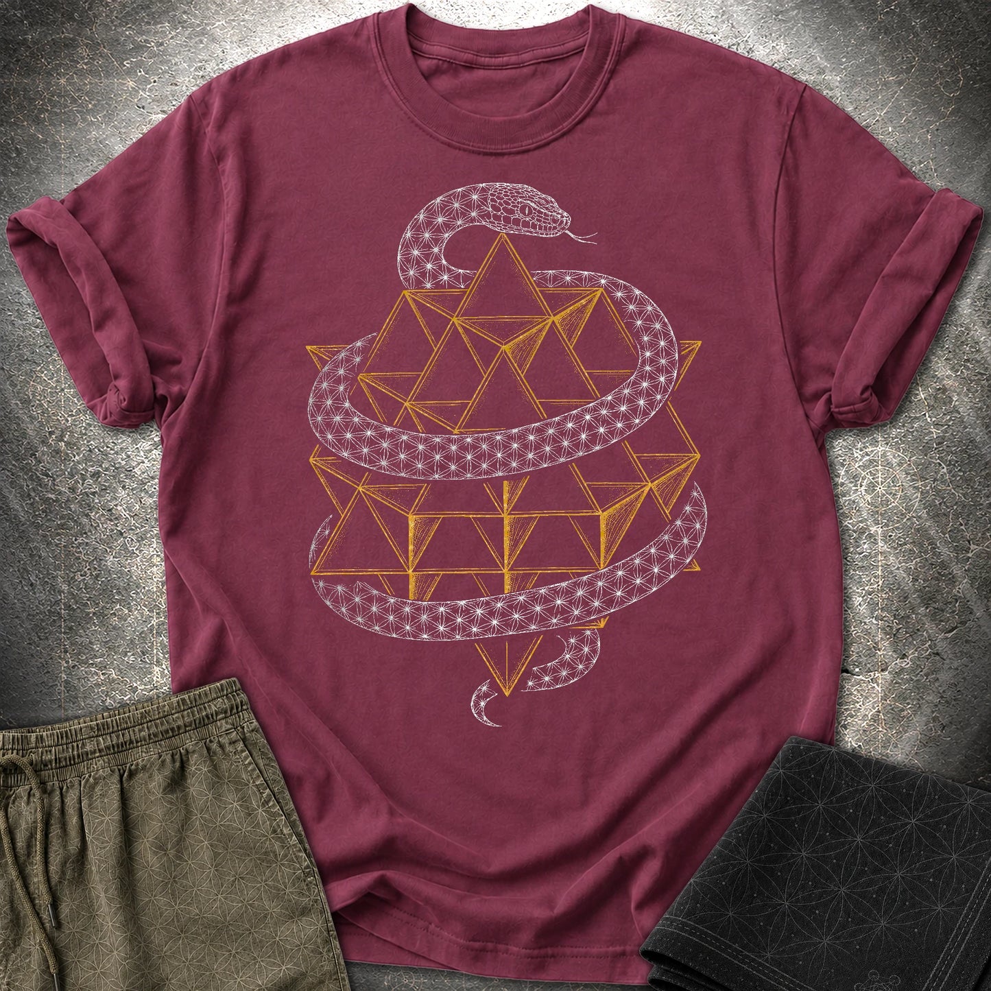 Serpent Tetrahedron Merkaba Geometry T-Shirt - Serpent Tetrahedron Merkaba Geometry T-Shirt - Maroon