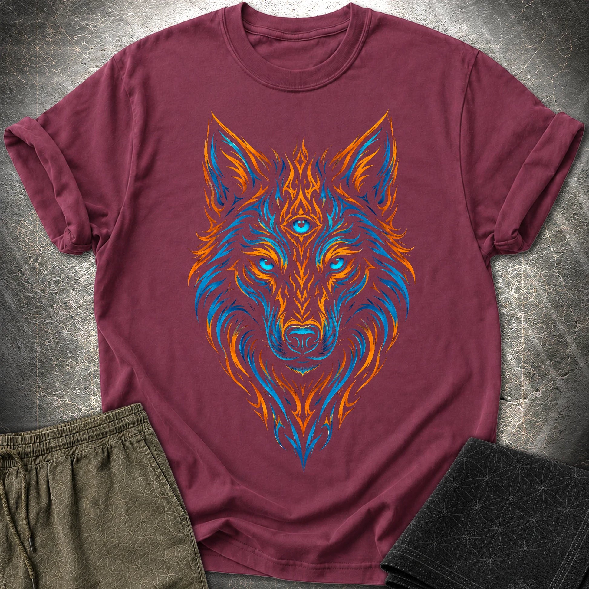 Mystic Tribal Wolf T-Shirt - Mystic Tribal Wolf T-Shirt - Maroon