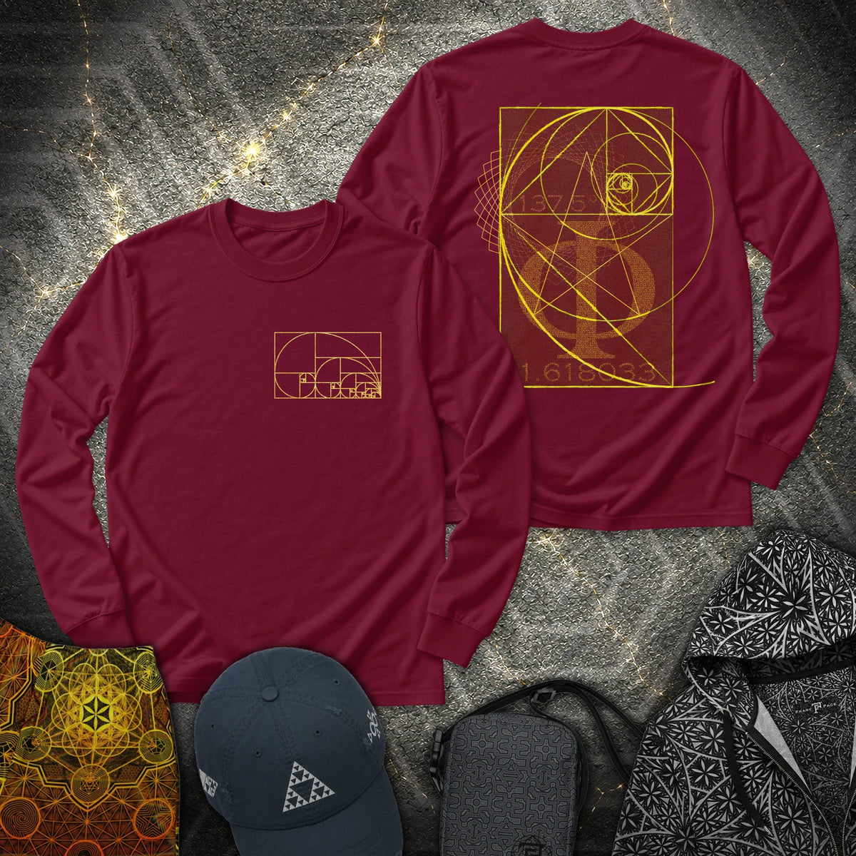Golden Ratio Spirals 2 Sided - Golden Ratio Spirals 2 Sided Long Sleeve Shirt - Maroon