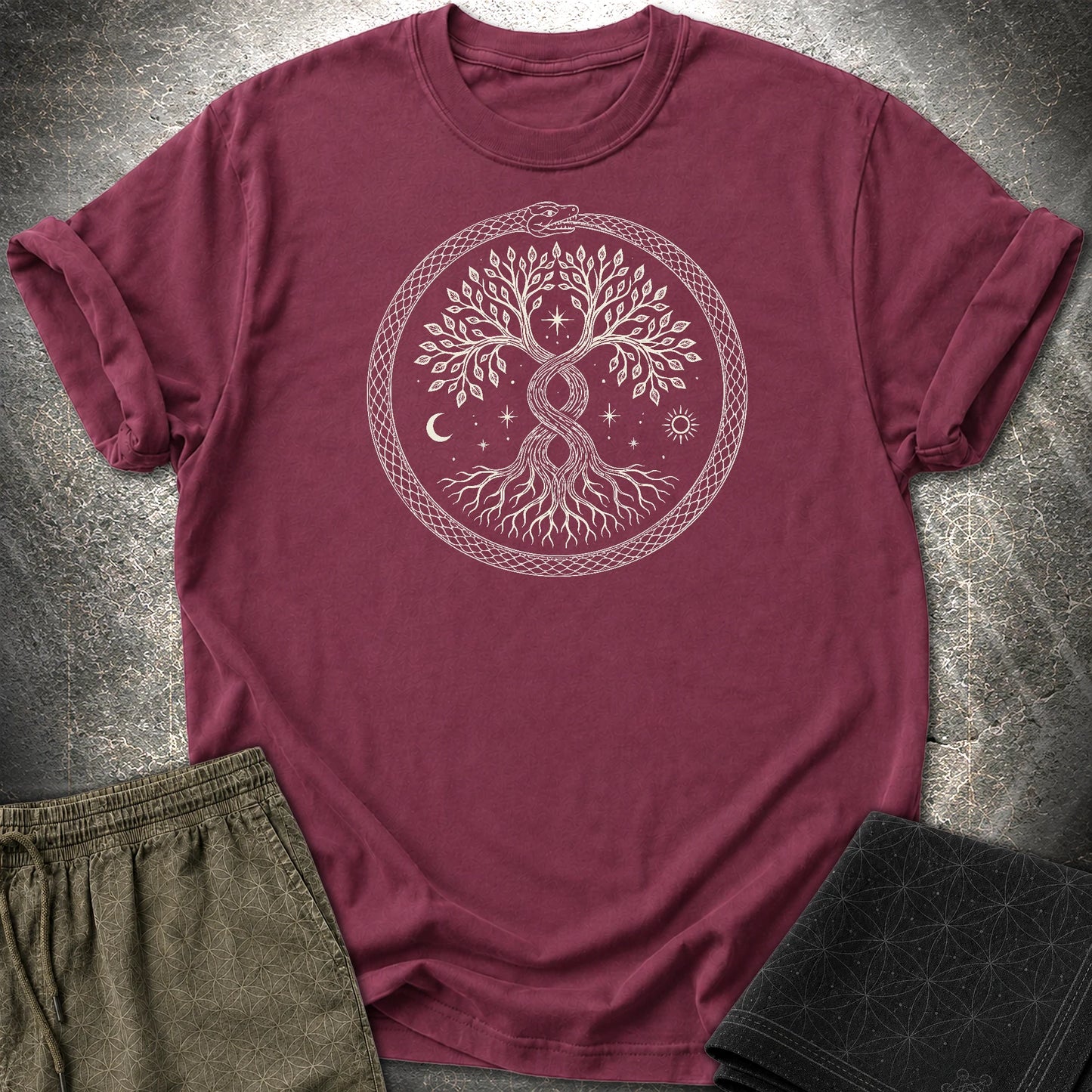 888 Ouroboros Tree T-Shirt - 888 Ouroboros Tree T-Shirt - Maroon