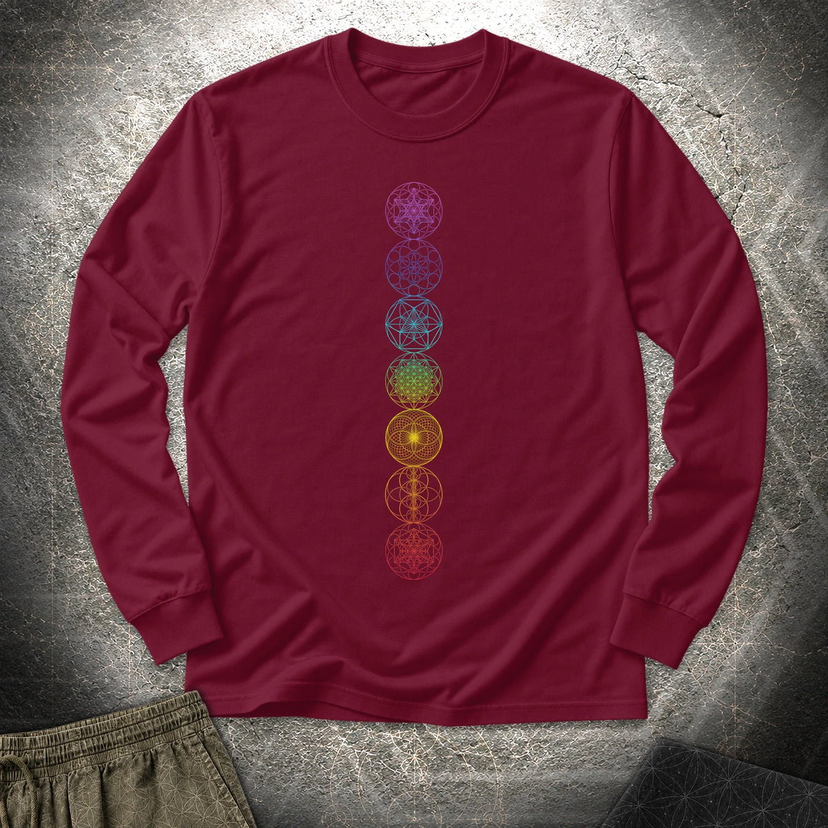7 Sacred Geometry Chakras - 7 Sacred Geometry Chakras Long Sleeve Shirt - Maroon
