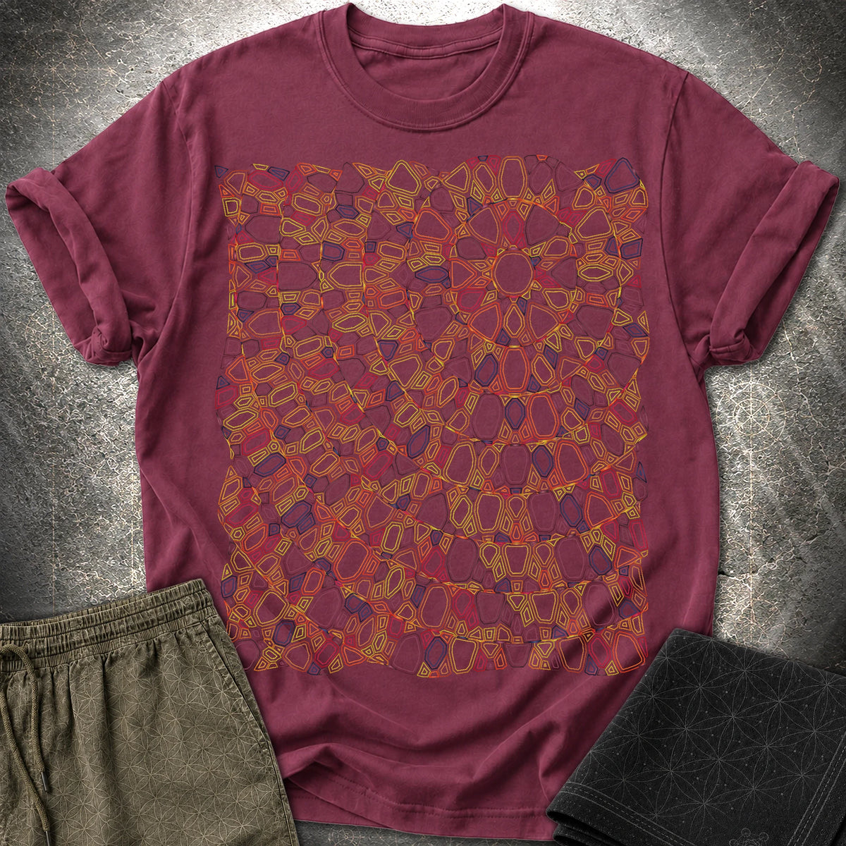 Psychedelic Sun Boho Hippie Mosaic Art T-Shirt - Psychedelic Sun Boho Hippie Mosaic Art T-Shirt - Maroon