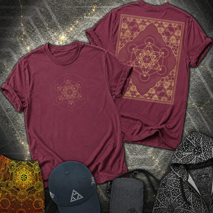 Metatron Cube Shirt, Sacred Geometry Front Back Tee, Gold Esoteric Mandala Graphic, Mystic Geometric 2 Sided T-Shirt - Metatron Cube Shirt, Sacred Geometry Front Back Tee, Gold Esoteric Mandala Graphic, Mystic Geometric 2 Sided T-Shirt - Maroon