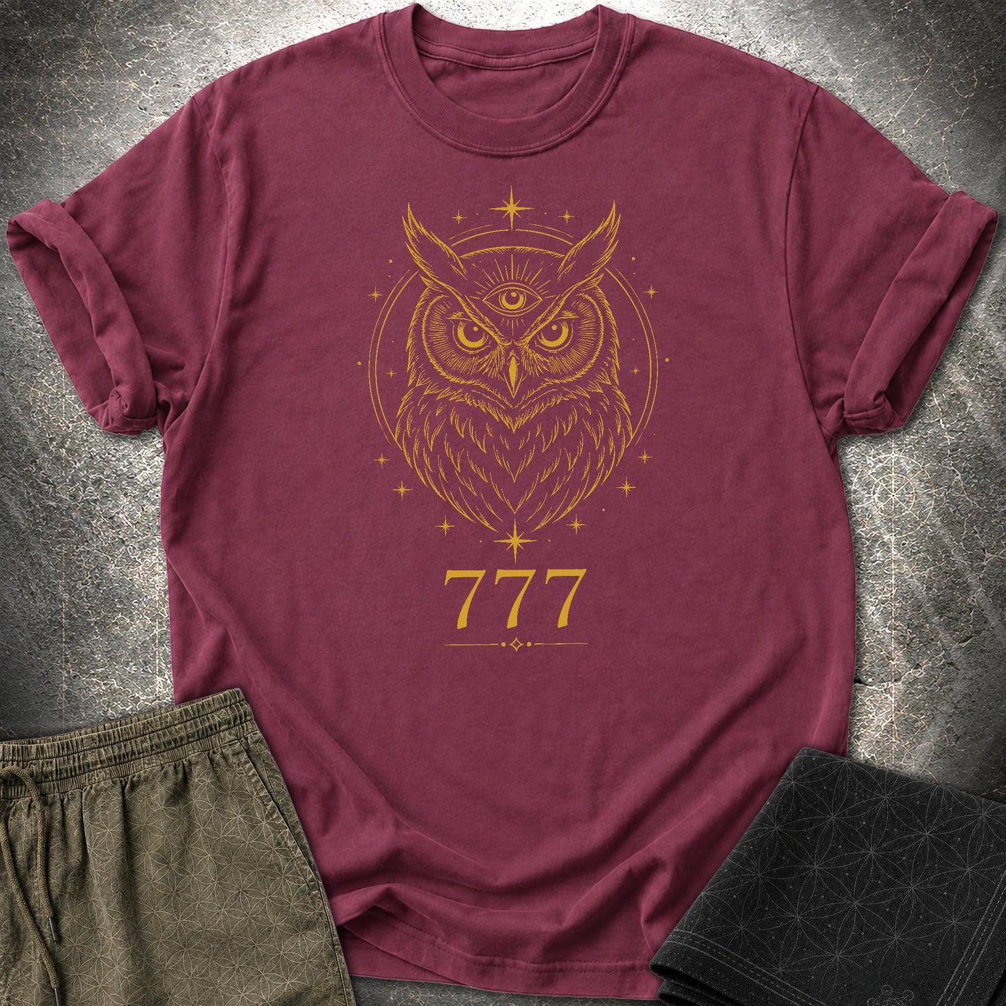 777 Mystic Owl T-Shirt - 777 Mystic Owl T-Shirt - Maroon