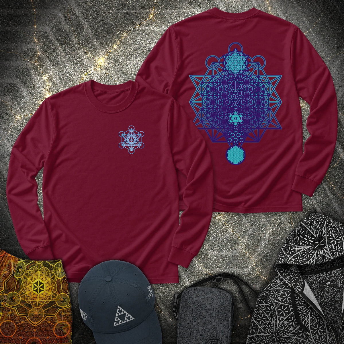All The Sacred Geometry 2 Sided - All The Sacred Geometry 2 Sided Long Sleeve Shirt - Maroon