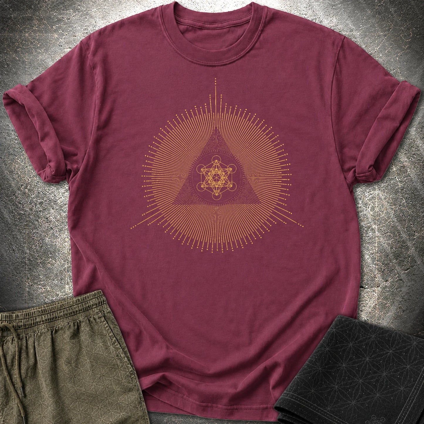 Metatron Cube Shirt, Sacred Geometry Sunburst Tee, Gold Esoteric Mandala Graphic, Mystic Geometric T-Shirt - Metatron Cube Shirt, Sacred Geometry Sunburst Tee, Gold Esoteric Mandala Graphic, Mystic Geometric T-Shirt - Maroon