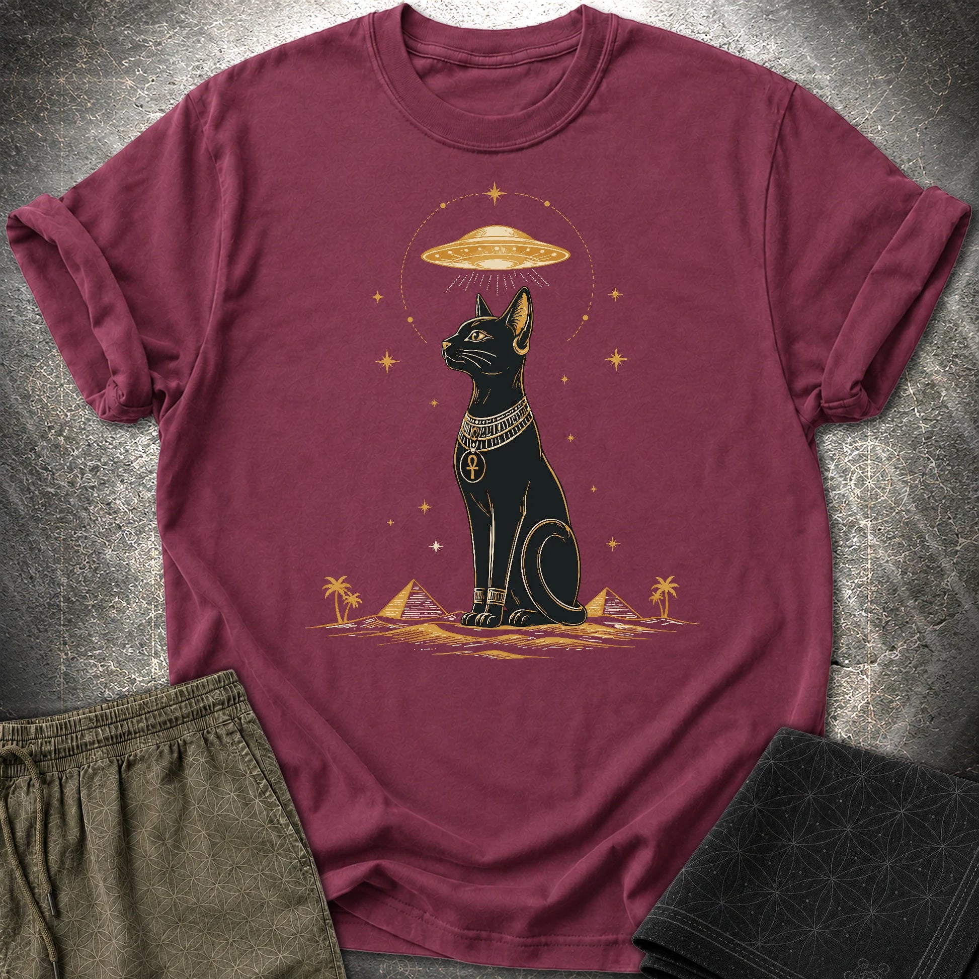 Celestial Cat Beneath the Starship - Celestial Cat Beneath the Starship T-Shirt - Maroon