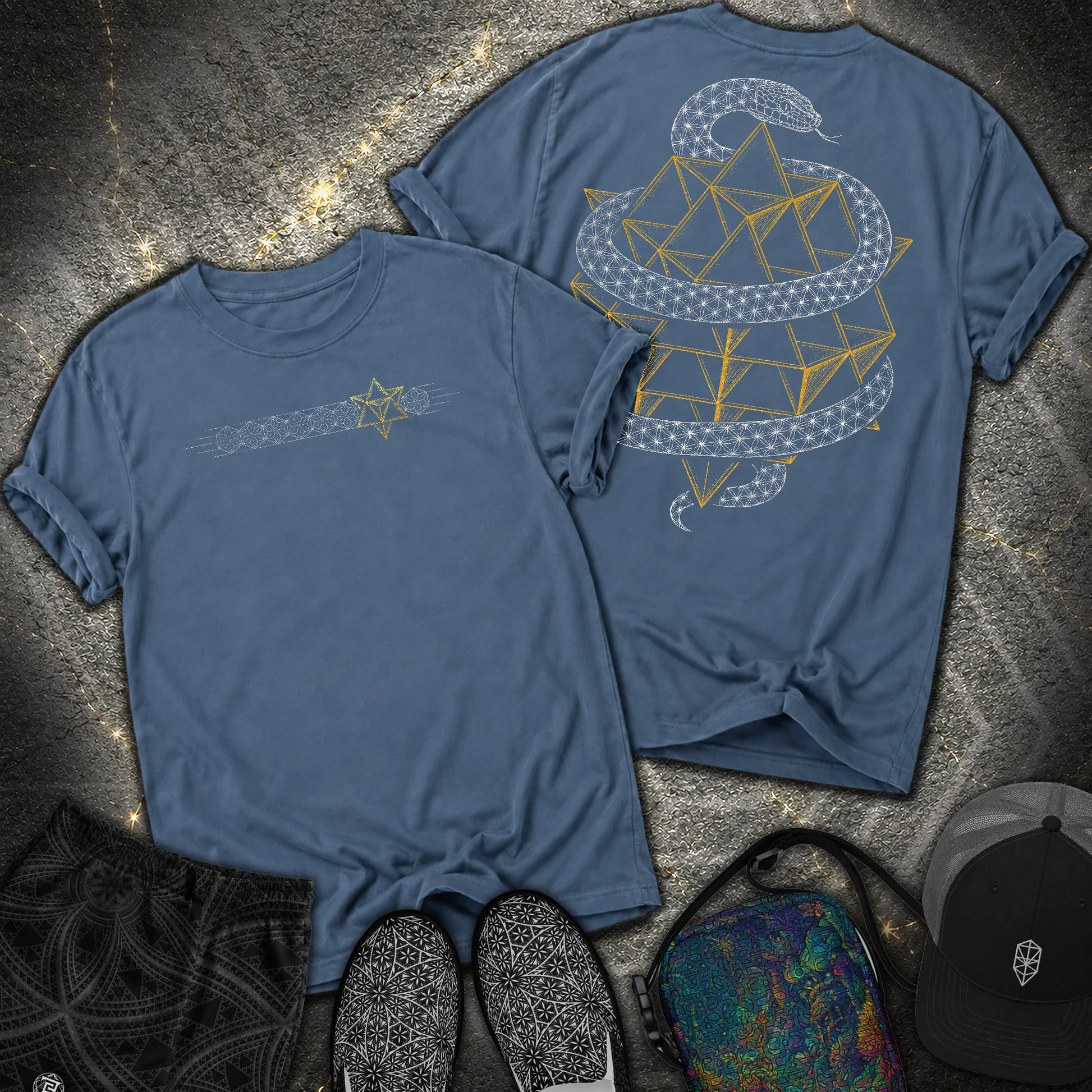 Serpent Tetrahedron Merkaba Geometry 2 Sided Comfort T-Shirt - Serpent Tetrahedron Merkaba Geometry 2 Sided Comfort T-Shirt - Midnight