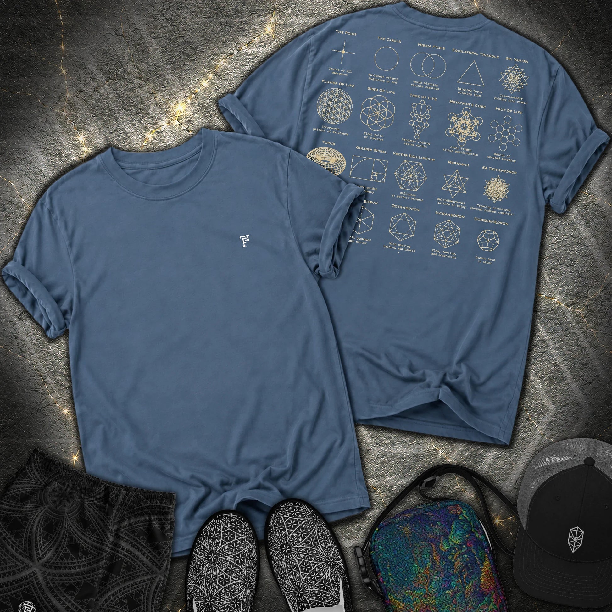 Sacred Geometry Figures Back Print 2 Sided Comfort T-Shirt - Sacred Geometry Figures Back Print 2 Sided Comfort T-Shirt - Midnight