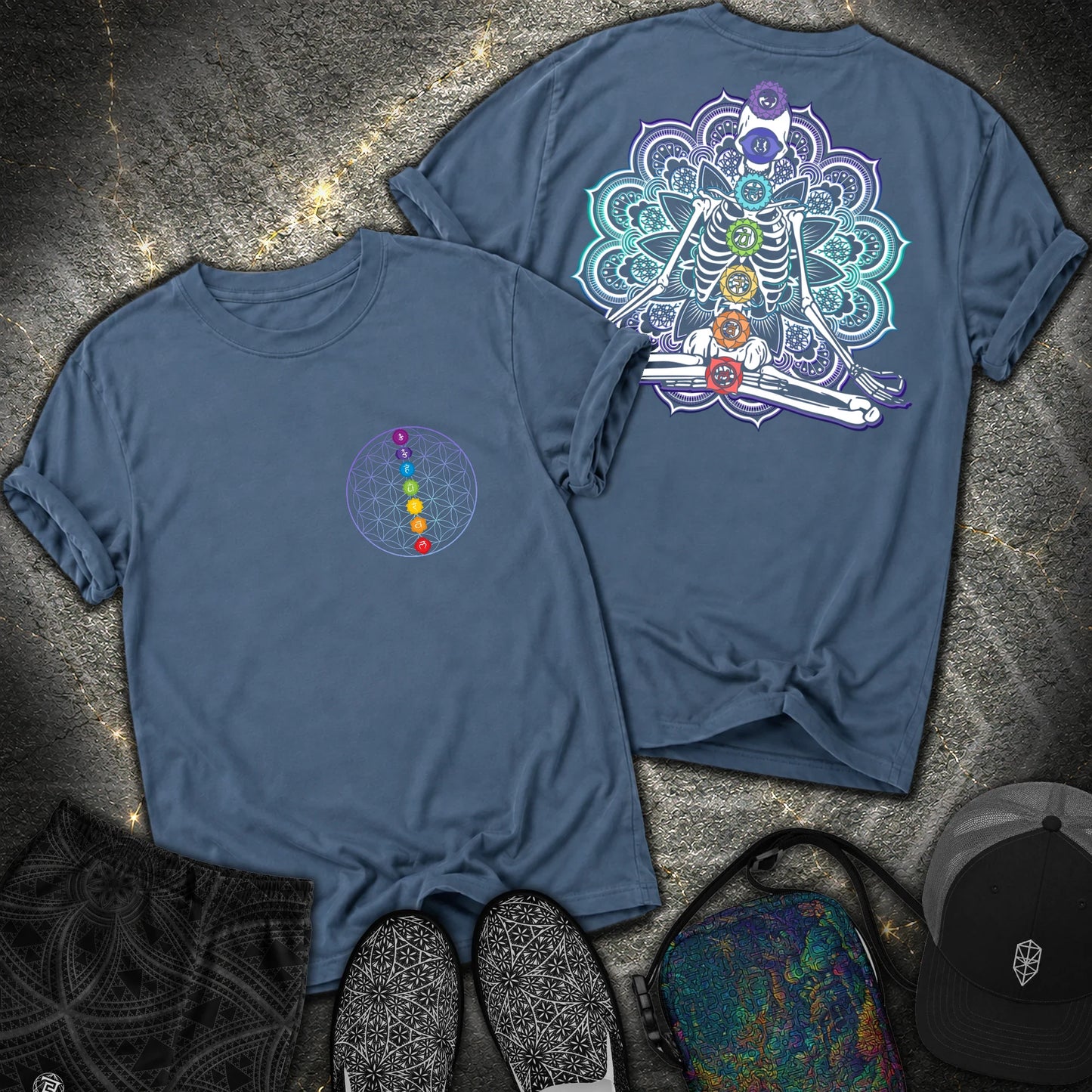 We Are One Meditating Skeleton 2 Sided T-Shirt - We Are One Meditating Skeleton 2 Sided Comfort T-Shirt - Midnight