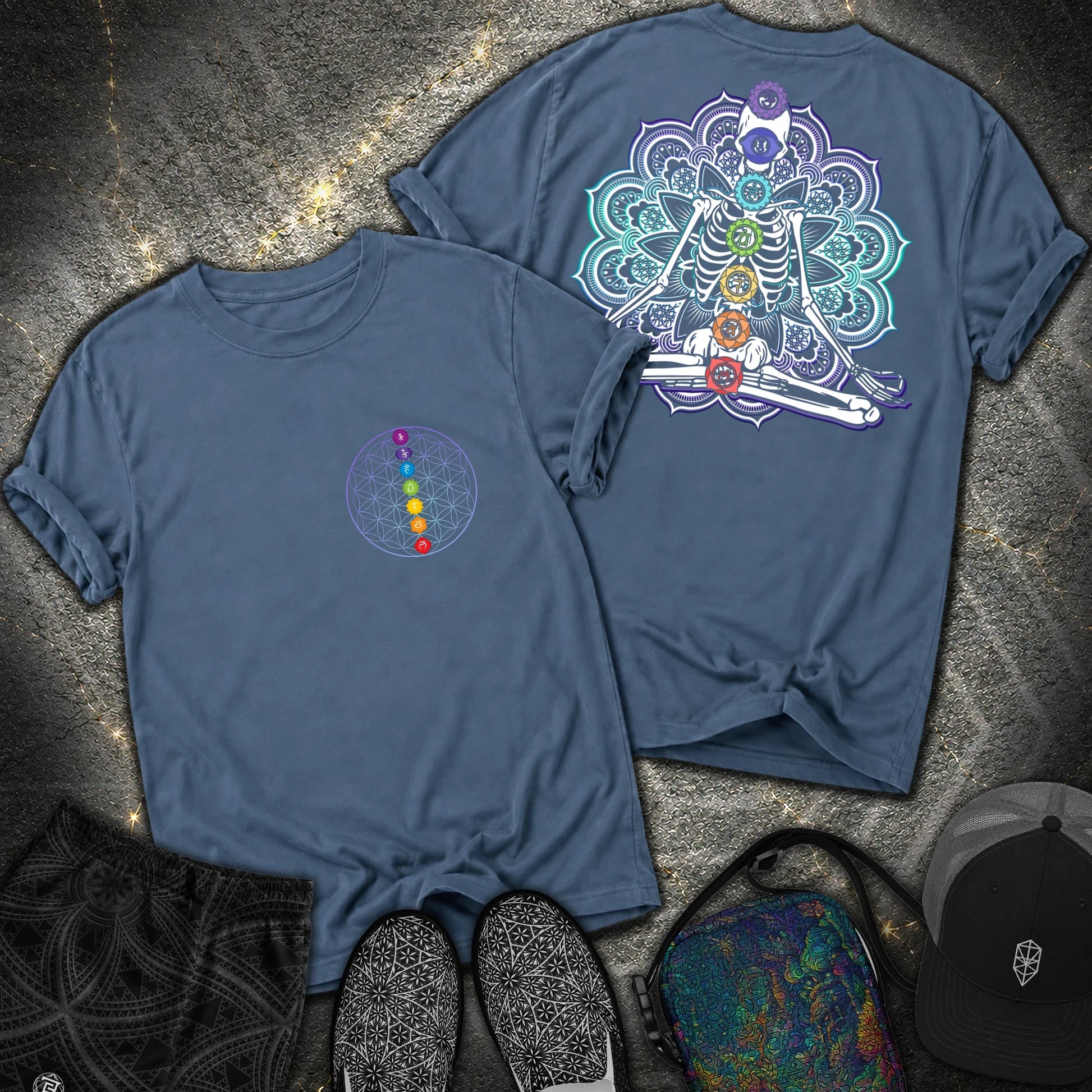 We Are One Meditating Skeleton 2 Sided T-Shirt - We Are One Meditating Skeleton 2 Sided Comfort T-Shirt - Midnight