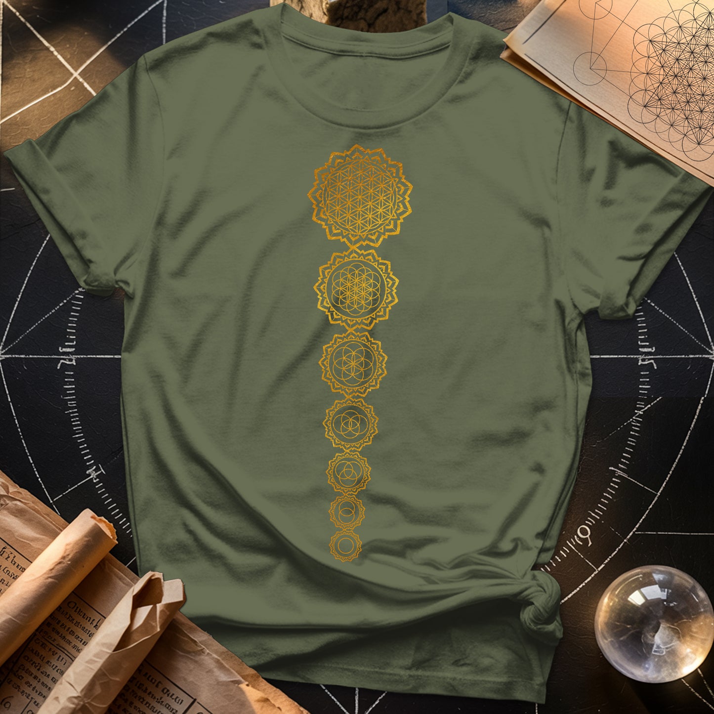Gold Flower Of lIfe Chakras T-Shirt