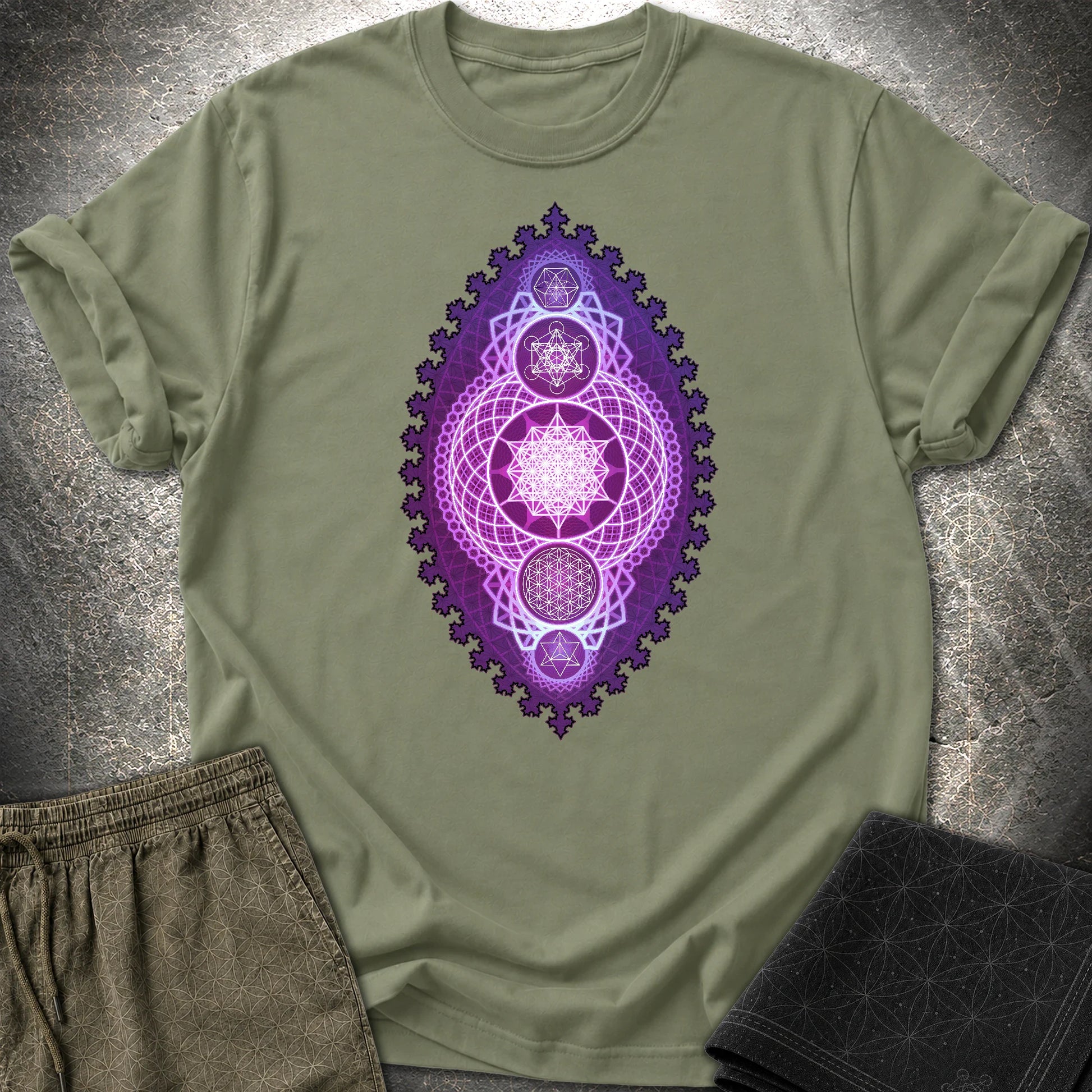 Fractal Sacred Geometry Fusion T-Shirt - Fractal Sacred Geometry Fusion T-Shirt - Military Green