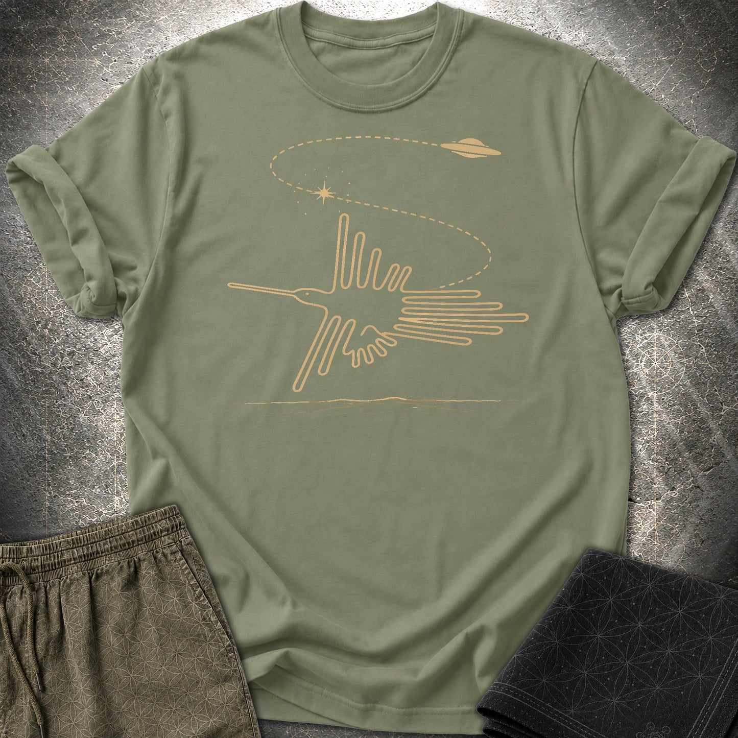 Geoglif Ptaka I Latający Spodek - Geoglif Ptaka I Latający Spodek T-Shirt - Military Green