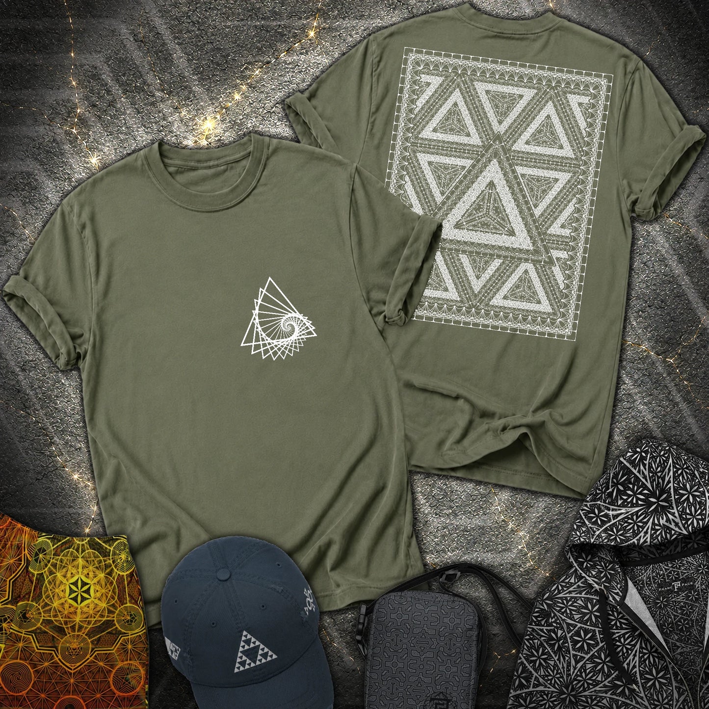 Organic Triangle Spiral Triangle 2 Sided T-Shirt - Organic Triangle Spiral Triangle 2 Sided T-Shirt - Military Green