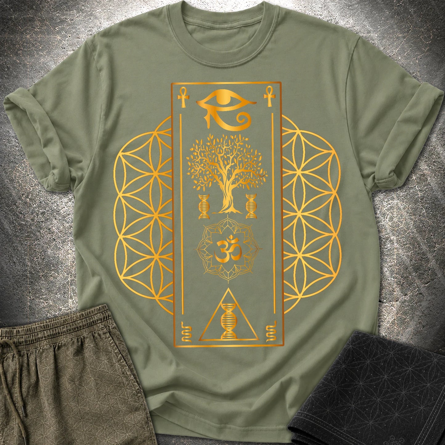 Flower Of Life Horus Egypt T-Shirt - Flower Of Life Horus Egypt T-Shirt - Military Green