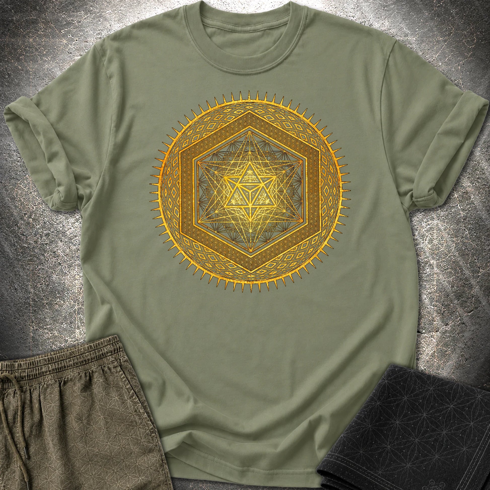 Metatron's Cube Radiating Merkaba T-Shirt - Metatron's Cube Radiating Merkaba T-Shirt - Military Green