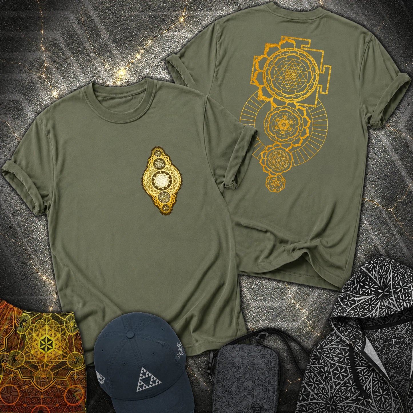Gold Sacred Geometry Sri Yantra 2 Sided T-Shirt - Gold Sacred Geometry Sri Yantra 2 Sided T-Shirt - Military Green