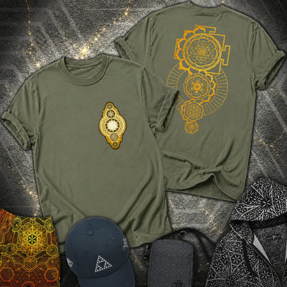 Gold Sacred Geometry Sri Yantra 2 Sided T-Shirt - Gold Sacred Geometry Sri Yantra 2 Sided T-Shirt - Military Green