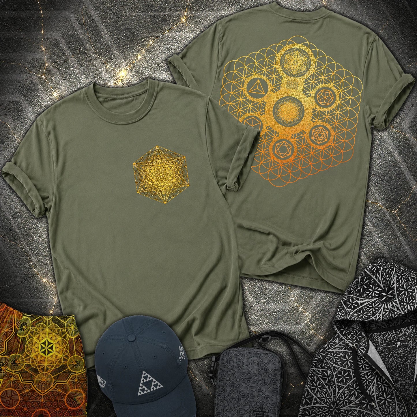 Metatron Tetrahedron Platonic Solids 2 Sided T-Shirt - Metatron Tetrahedron Platonic Solids 2 Sided T-Shirt - Military Green