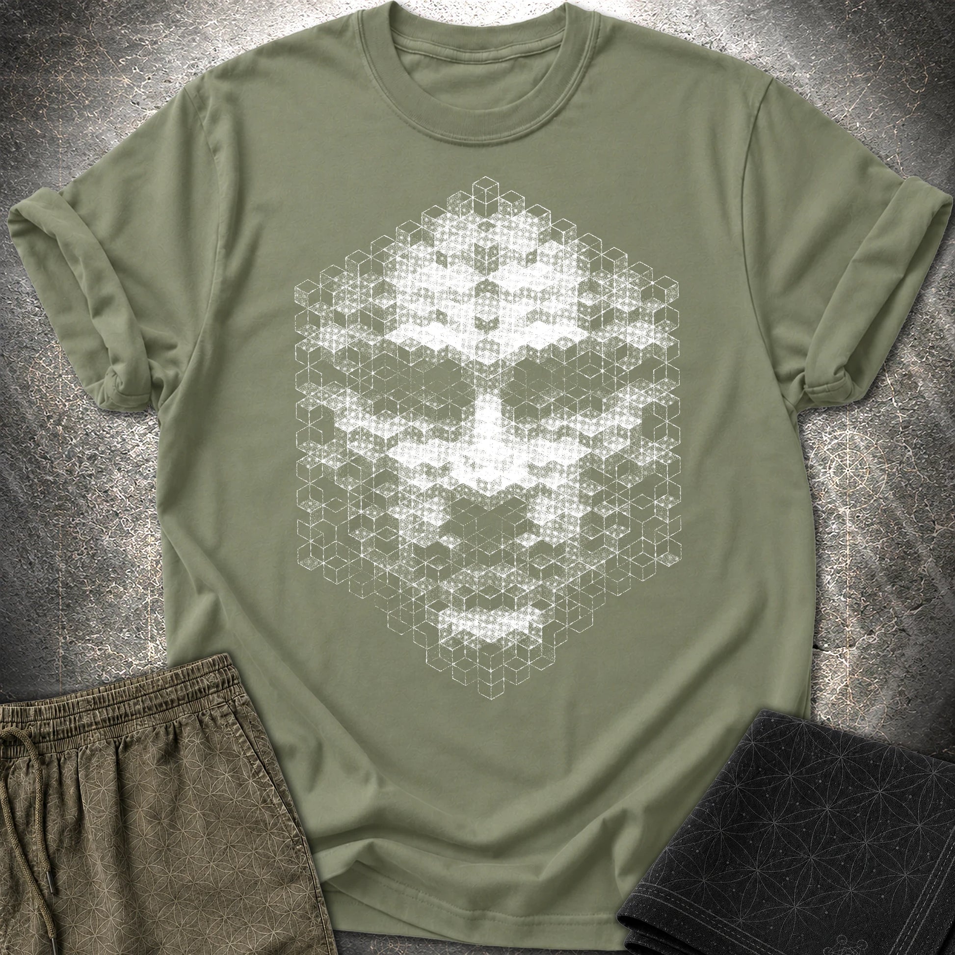 The Entity T-Shirt, Geometric Face Shirt, Abstract Cube Being Graphic Tee - The Entity T-Shirt, Geometric Face Shirt, Abstract Cube Being Graphic Tee - Military Green