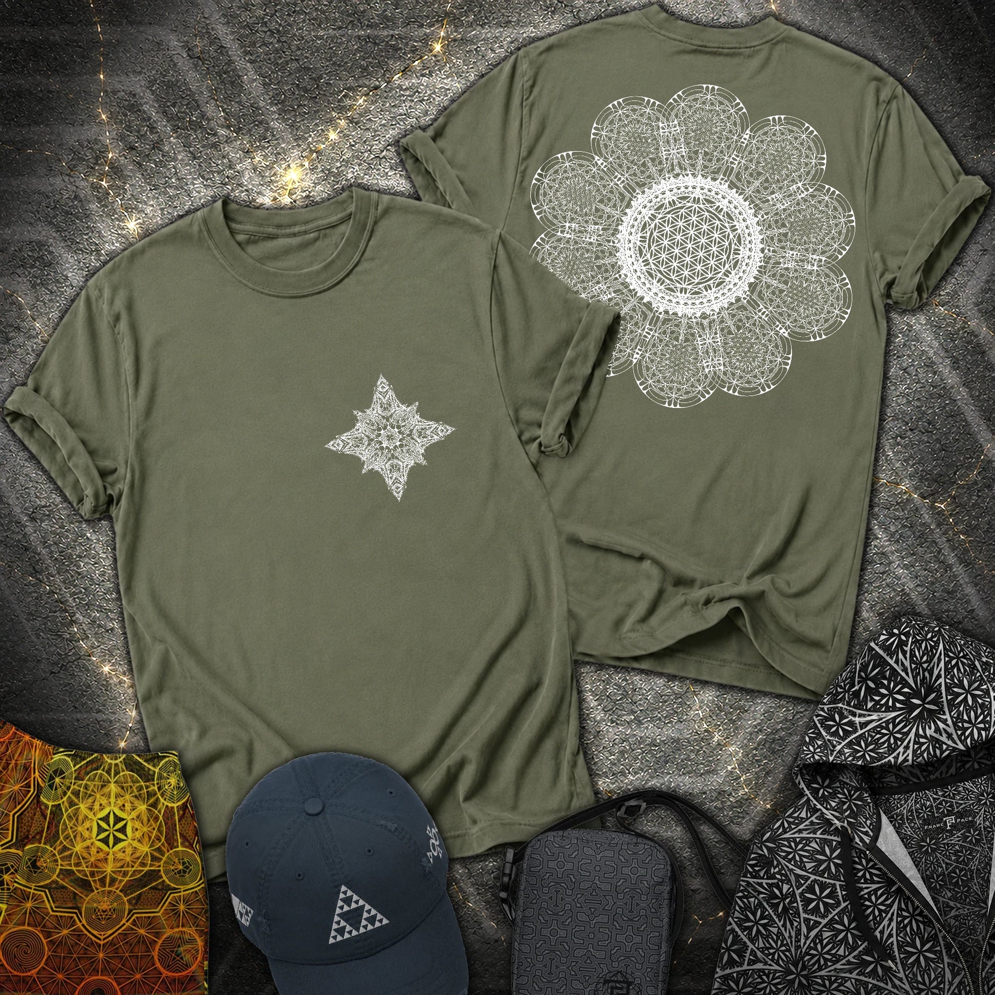 Geometric Flower 2 Sided T-Shirt - Geometric Flower 2 Sided T-Shirt - Military Green