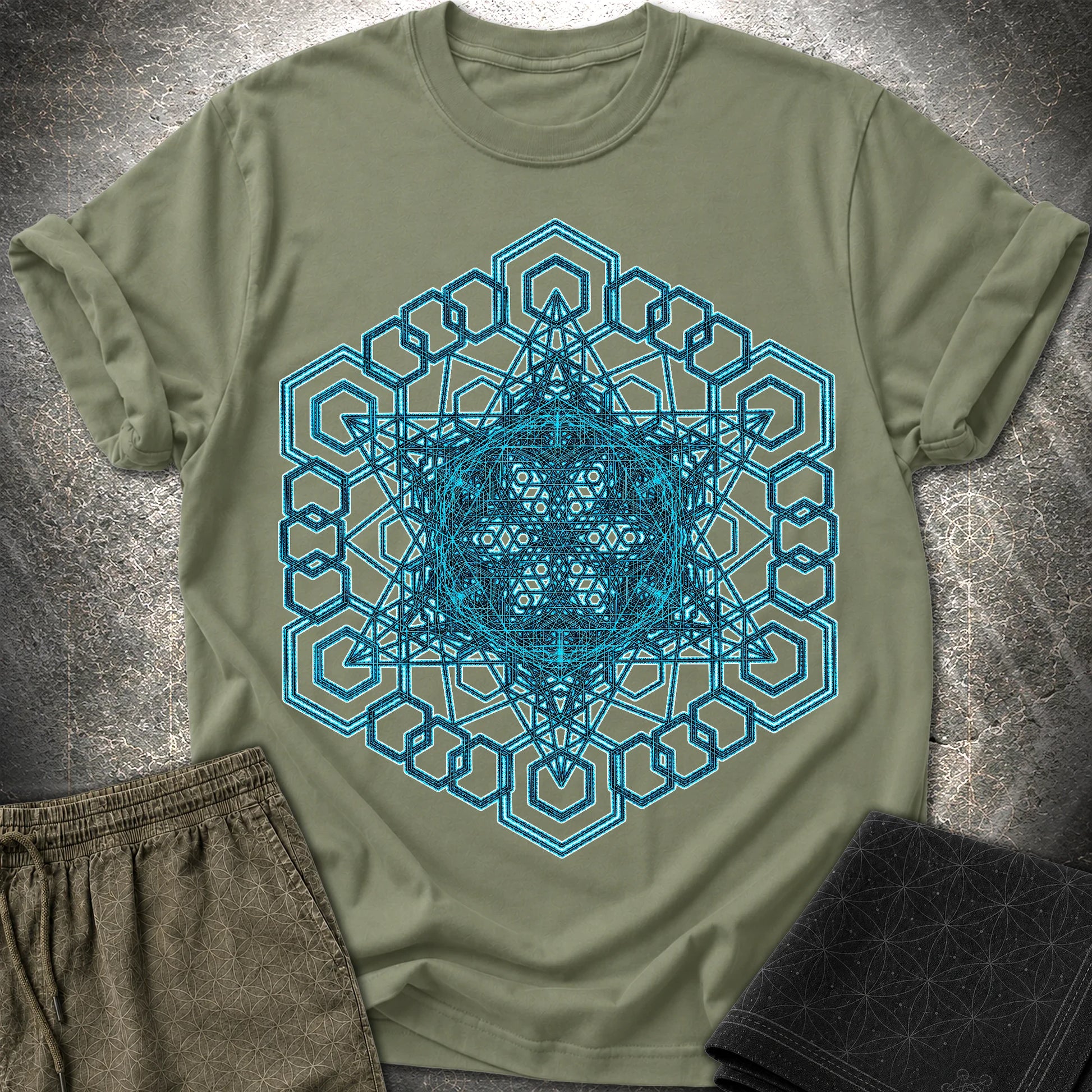Sacred Geometry T-Shirt, Blue Geometric Mandala Shirt, Visionary Pattern Graphic Tee - Sacred Geometry T-Shirt, Blue Geometric Mandala Shirt, Visionary Pattern Graphic Tee - Military Green