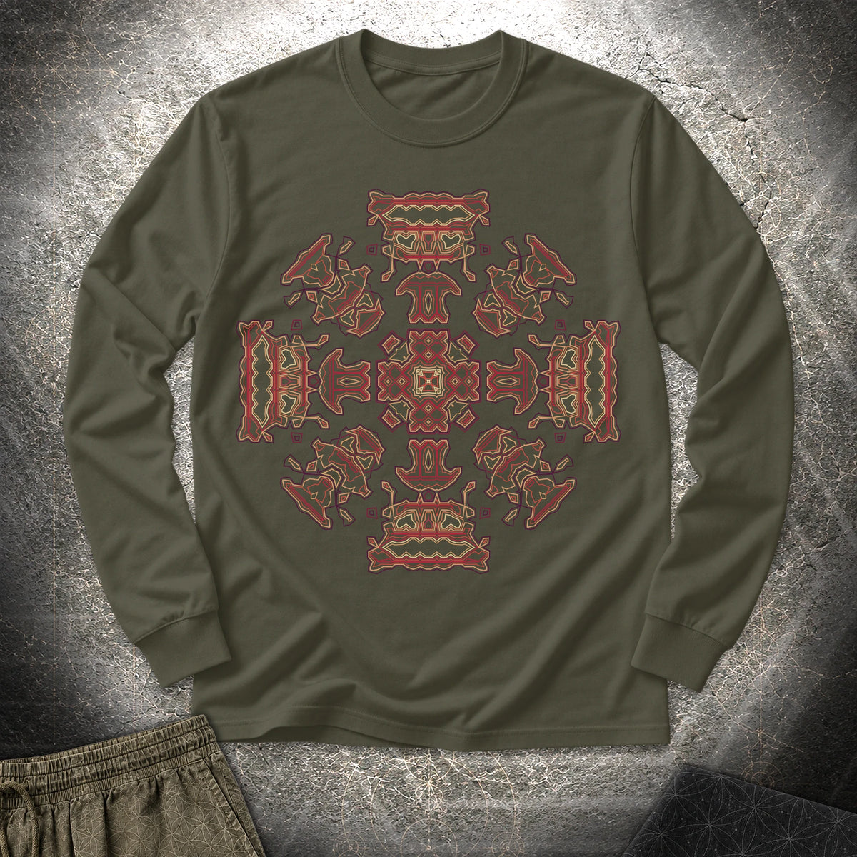 Shamanic Faces Geometric Long Sleeve Shirt - Shamanic Faces Geometric Long Sleeve Shirt - Military Green
