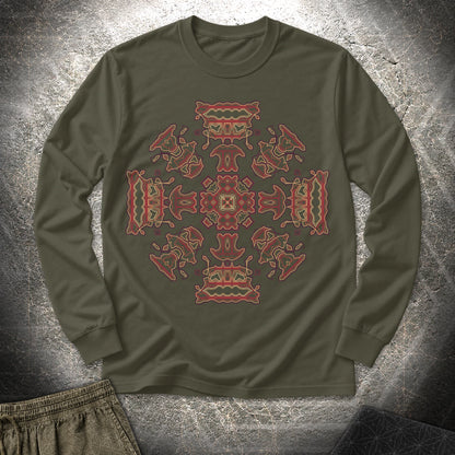 Shamanic Faces Geometric Long Sleeve Shirt - Shamanic Faces Geometric Long Sleeve Shirt - Military Green