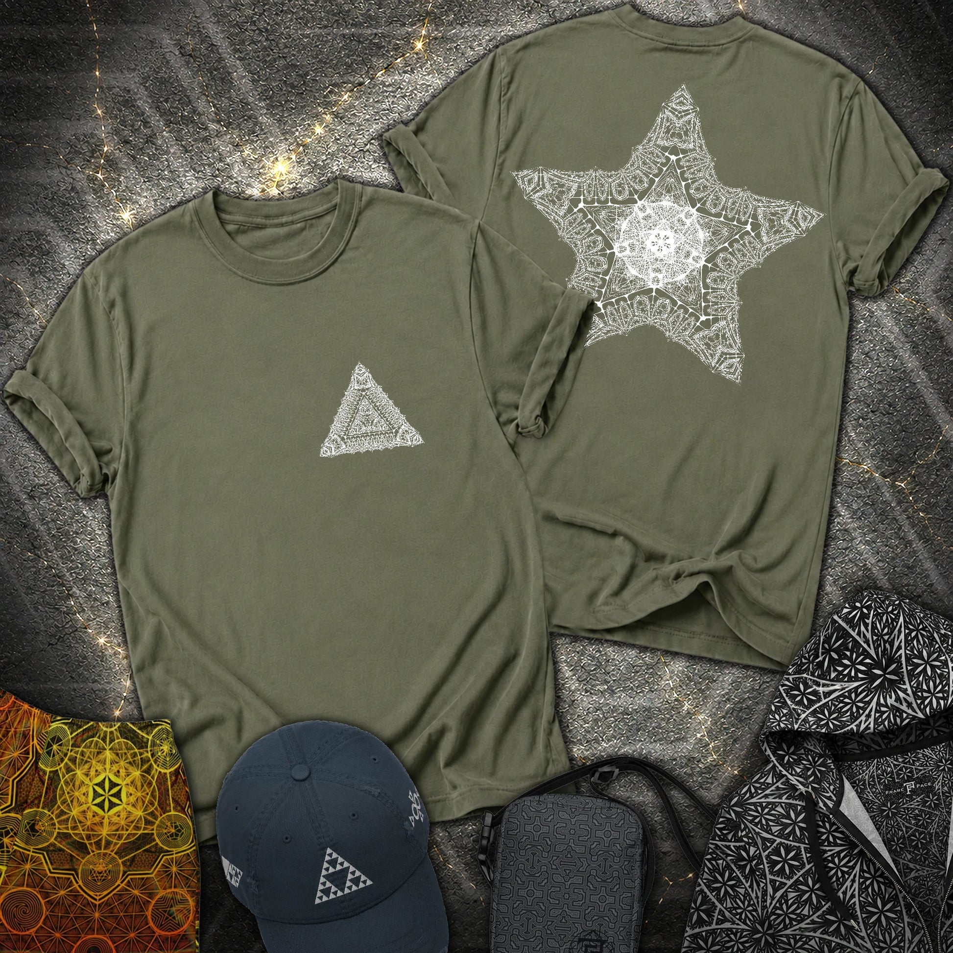 Geometric Sacred Star 2 Sided T-Shirt - Geometric Sacred Star 2 Sided T-Shirt - Military Green