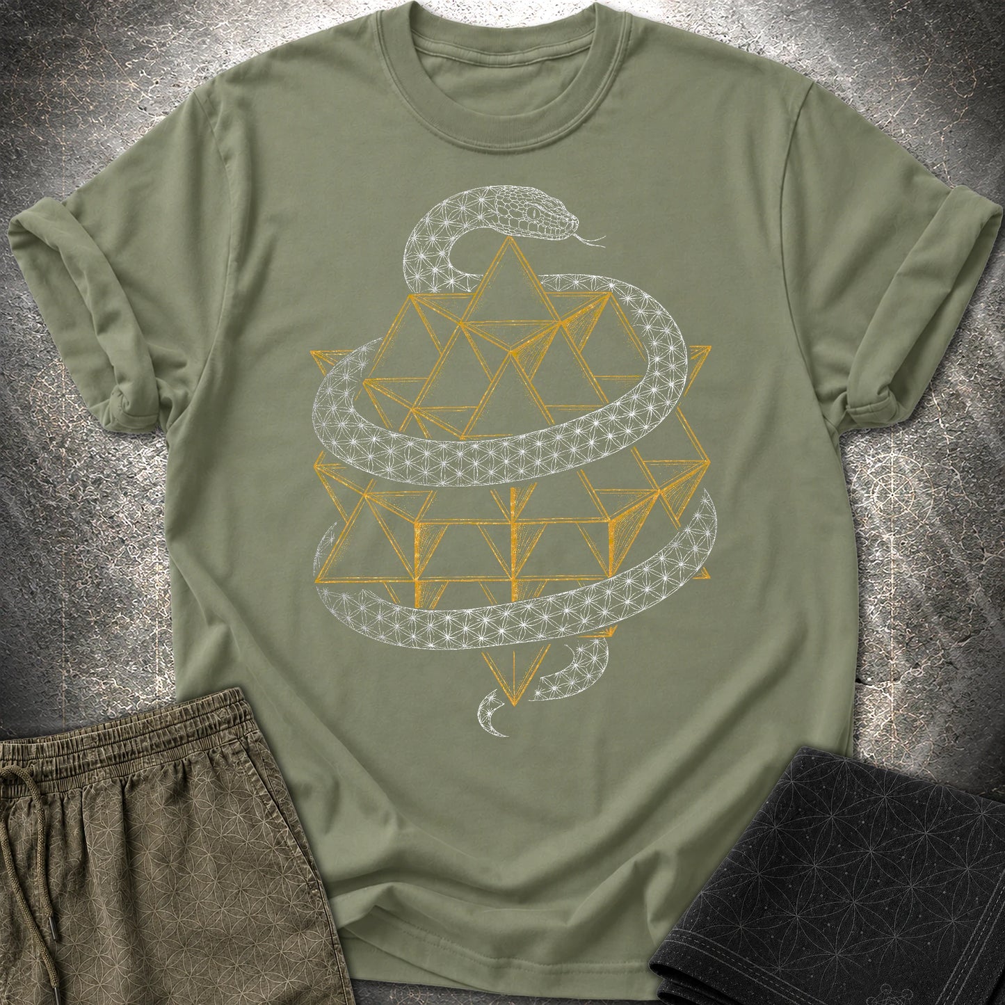 Serpent Tetrahedron Merkaba Geometry T-Shirt - Serpent Tetrahedron Merkaba Geometry T-Shirt - Military Green
